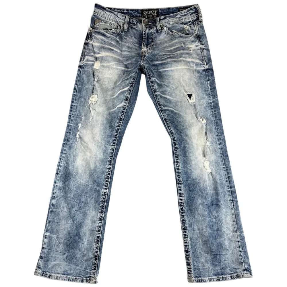 Salvage Mayhem Jeans Mens 33R Blue‎ Denim Rugged Buckle Straight Leg Distressed